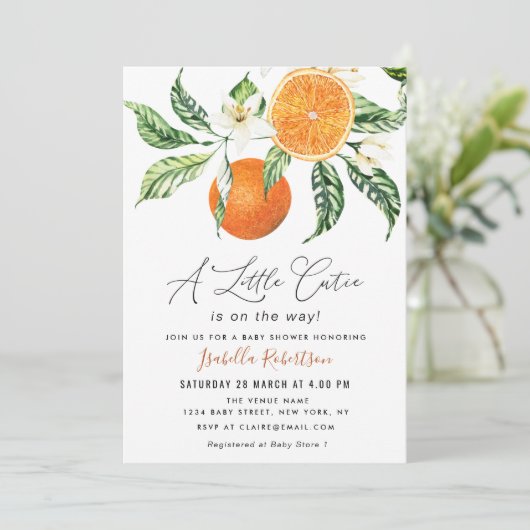 Invitation charmant script agrus oranges baby shower (Debout devant)