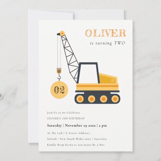 Invitation Charmant véhicule de grue de construction n'import (Devant)
