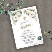 Invitation Charmante Fleurs Blanches Baptême Or Calligraphie