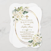 Invitation Charmante Fleurs Blanches Croix Or Cadre Baptême (Devant / Derrière)