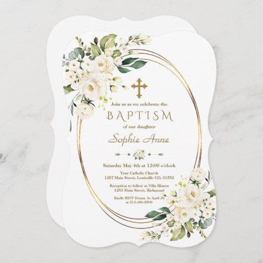 Invitation Charmante Fleurs Blanches Croix Or Cadre Baptême (Devant / Derrière)