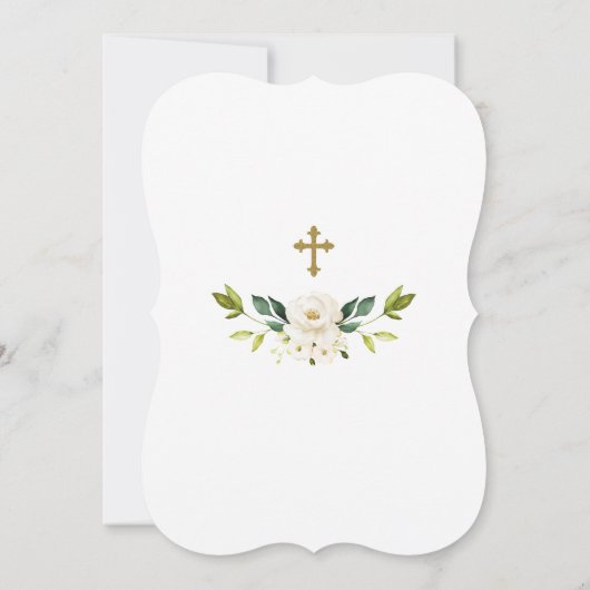Invitation Charmante Fleurs Blanches Croix Or Cadre Baptême (Dos)