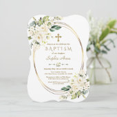 Invitation Charmante Fleurs Blanches Croix Or Cadre Baptême (Debout devant)