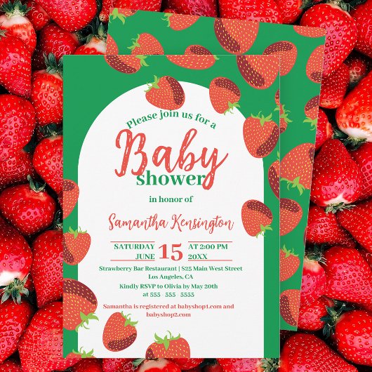 Invitation Charmante fraises rouges sur le Baby shower vert