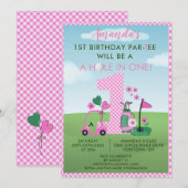 Invitation Charmante Golf Rose Girl 1er anniversaire Par-Tee (Devant / Derrière)