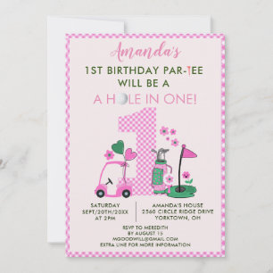 Invitation Charmante Golf Rose Girl 1er anniversaire Par-Tee