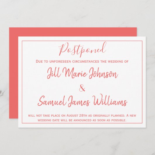 Invitation Charmante Mariage Coral et Blanc reportée (Devant / Derrière)