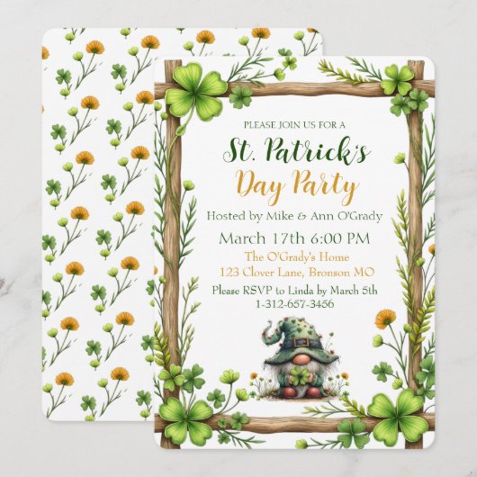 Invitation charmante printemps trèfle et gnome (Devant / Derrière)