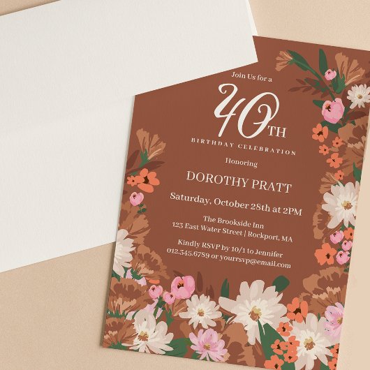 Invitation Charmante Terracotta Fall Floral 40e anniversaire