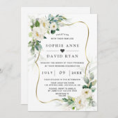Invitation Charme Airy Greenery Fleurs blanches Mariage or (Devant / Derrière)