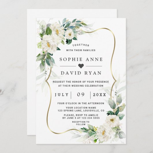 Invitation Charme Airy Greenery Fleurs blanches Mariage or (Devant / Derrière)