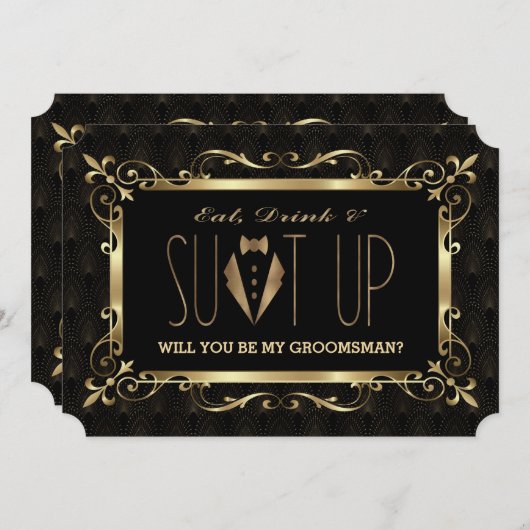 Invitation Charme années 20 or Art déco Demande témoin (Devant / Derrière)