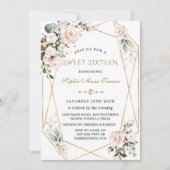 Invitation Charme Aquarelle rose Floral Or Frame Sweet 16 (Devant)
