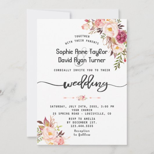 Invitation Charme Aquarelle rose pâle Mariage floral (Devant)