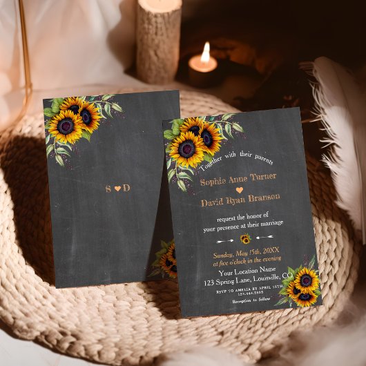 Invitation Charme Aquarelle Sunflower Chalkboard Mariage