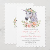 Invitation Charme Aquarelle Unicorne Rose Baby shower Floral (Devant / Derrière)