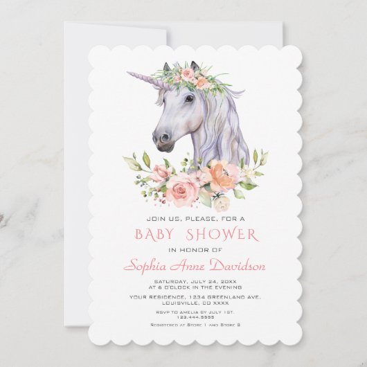 Invitation Charme Aquarelle Unicorne Rose Baby shower Floral (Devant)