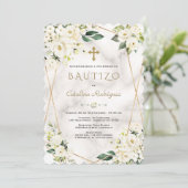 Invitation Charme Blanc Floral Espagnol Invitacion De Bautizo (Debout devant)