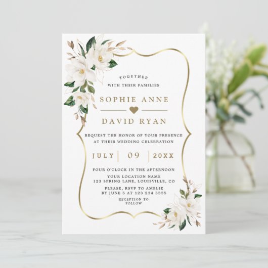 Invitation Charme Blanc Magnolia Gold Mariage Floral (Debout devant)
