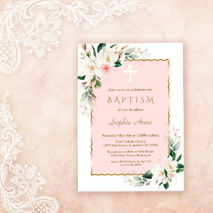 Invitation Charme Blanc Magnolia Rose Or Floral Baptême