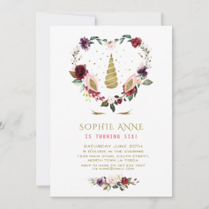 Invitation Charme Bourgogne Fleur de cœur Licorne dorée Anniv
