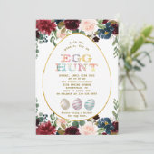 Invitation Charme Bourgogne Fleurs Bleues Or Chasse aux Oeufs (Debout devant)