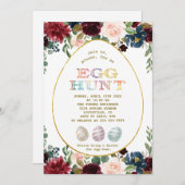 Invitation Charme Bourgogne Fleurs Bleues Or Chasse aux Oeufs (Devant / Derrière)