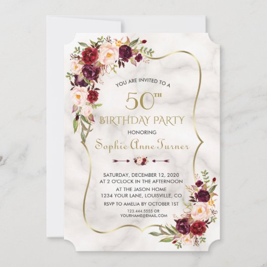 Invitation Charme Bourgogne Fleurs Marbre Or 50e anniversaire (Devant)