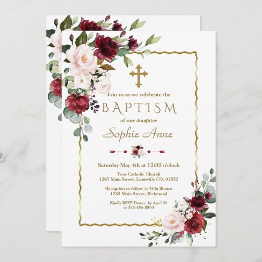 Invitation Charme Bourgogne Fleurs Rouges Croix Or Baptême (Devant / Derrière)