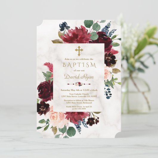 Invitation Charme Bourgogne Fleurs rousses Croix Marbre Baptê (Debout devant)