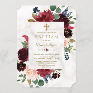 Invitation Charme Bourgogne Fleurs rousses Croix Marbre Baptê