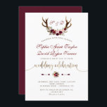 Invitation Charme Bourgogne Marsala Floral Antlers Mariage Or<br><div class="desc">Un design rustique et bohème pour des événements spéciaux, toutes saisons ! Ce design présente des bois de cerfs, des fleurs de marsala bouquet, des flèches avec des fleurs de marsala, un magnifique script de "célébration mariage" en faux or et sur le dos, un arrière - plan bordeaux. Utilisez l'outil...</div>