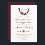Invitation Charme Bourgogne Marsala Floral Antlers Mariage Or<br><div class="desc">Un design rustique et bohème pour des événements spéciaux, toutes saisons ! Ce design présente des bois de cerfs, des fleurs de marsala bouquet, des flèches avec des fleurs de marsala, un magnifique script de "célébration mariage" en faux or et sur le dos, un arrière - plan bordeaux. Utilisez l'outil...</div>