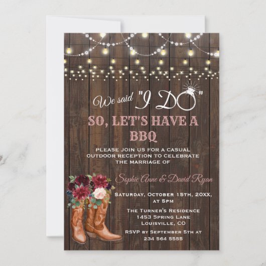 Invitation Charme Bourgogne rose Boot après je fais BBQ (Devant)