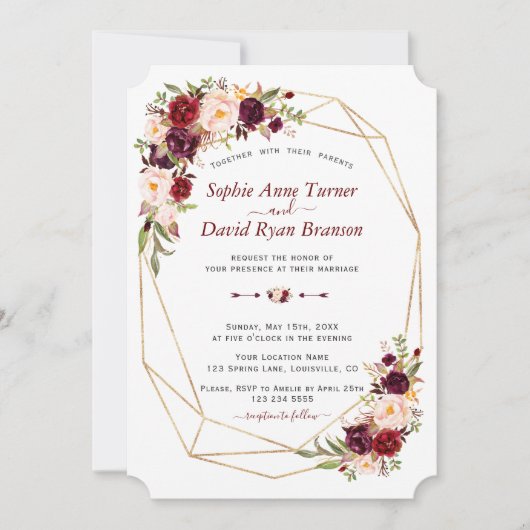 Invitation Charme Bourgogne rose Floral Gold Frame Mariage (Devant)