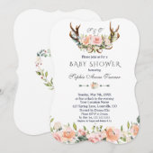 Invitation Charme Crème rose Floral Antlers Baby shower (Devant / Derrière)