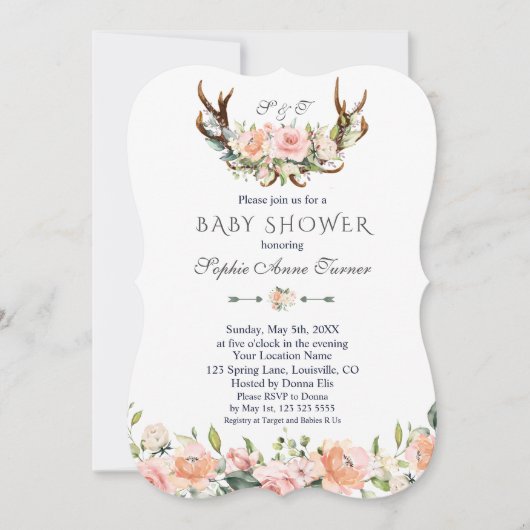 Invitation Charme Crème rose Floral Antlers Baby shower (Devant)