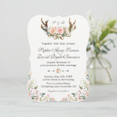 Invitation Charme Crème rose Floral Antlers Mariage (Debout devant)
