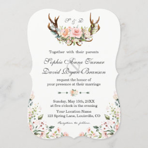 Invitation Charme Crème rose Floral Antlers Mariage