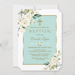 Invitation Charme Delicate Fleurs blanches Croix d'or Baptême