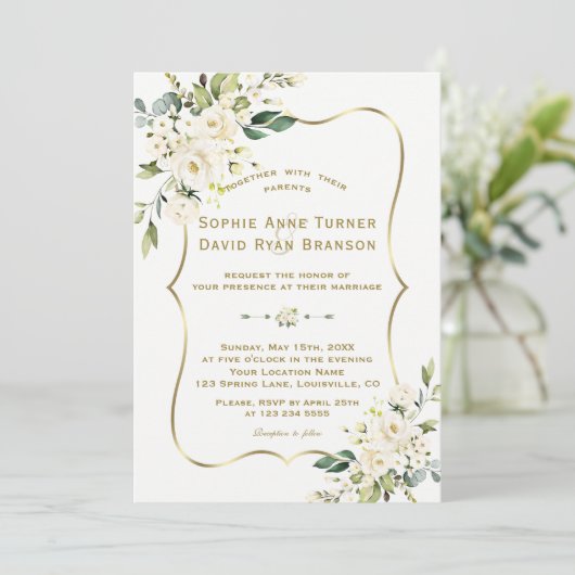 Invitation Charme Delicate Fleurs blanches Mariage cadre or (Debout devant)