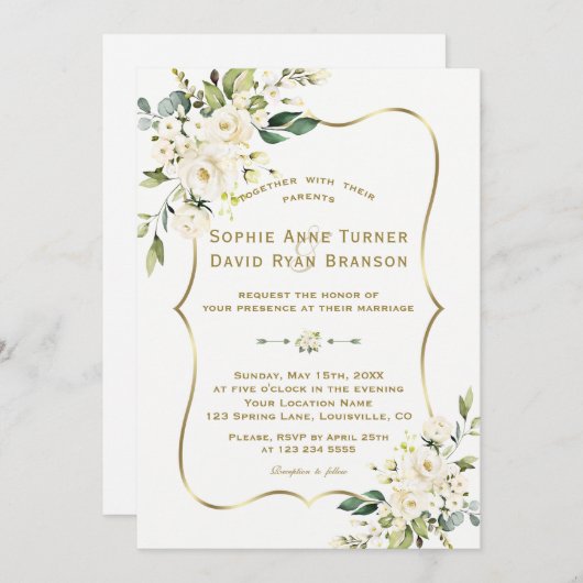 Invitation Charme Delicate Fleurs blanches Mariage cadre or (Devant / Derrière)