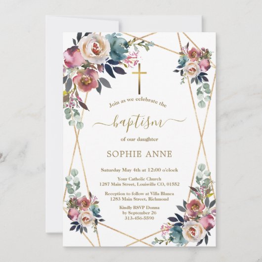 Invitation Charme Dusty Bleu Misty Fleurs Roses Or Baptême (Devant)