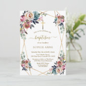 Invitation Charme Dusty Bleu Misty Fleurs Roses Or Baptême (Debout devant)