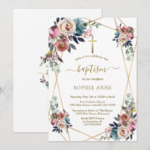 Invitation Charme Dusty Bleu Misty Fleurs Roses Or Baptême (Devant / Derrière)