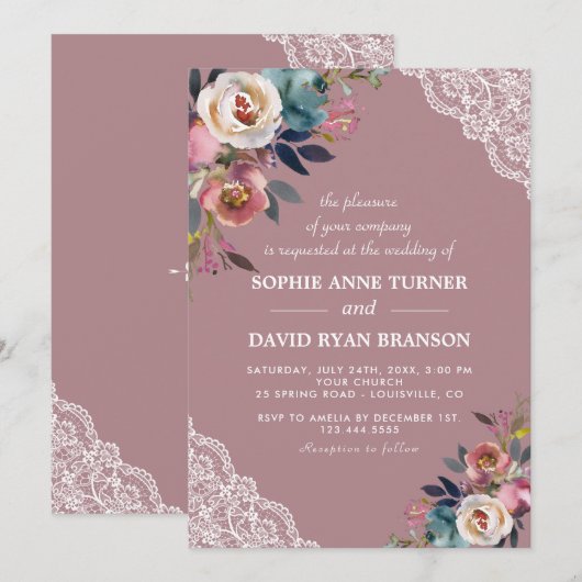 Invitation Charme Dusty Blue Dusty Rose Floral Mariage (Devant / Derrière)
