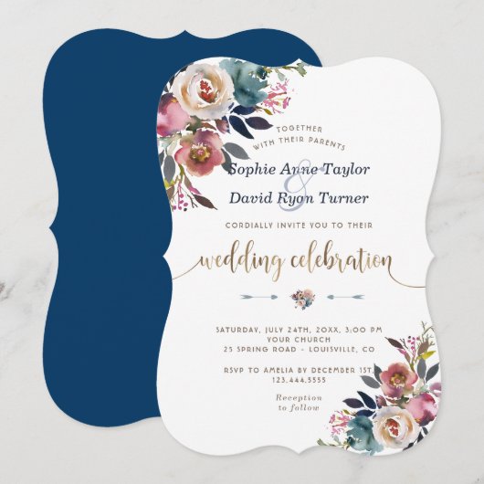 Invitation Charme Dusty Blue Rose Florom Mariage (Devant / Derrière)