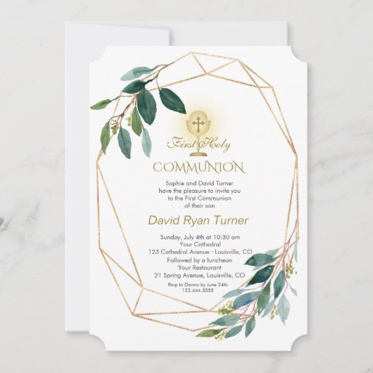 Invitation Charme Eucalyptus Feuille Gold Frame Sainte Commun (Devant)