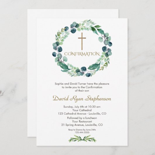 Invitation Charme Eucalyptus Foliage Cross Boy Confirmation (Devant / Derrière)
