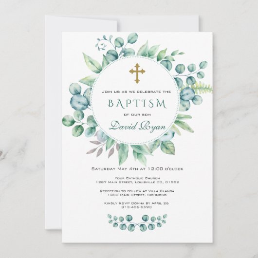 Invitation Charme Eucalyptus Verdure Wreath Cross Garçon Bapt (Devant)